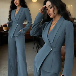 Women's Elegant V-Neck Belted Blazer & Wide Leg Pants Set