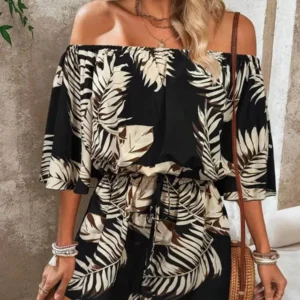 Women's Off Shoulder Flare Sleeve Printed Romper Shorts
