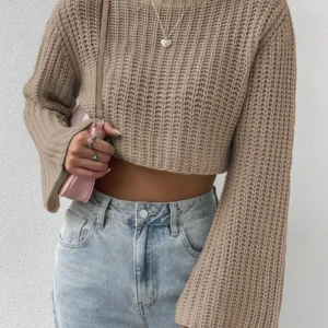 Women's Mock Neck Trumpet Sleeve Crop Knit Sweater