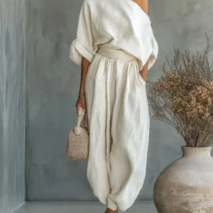 2 Piece Set Women Roll Up Sleeve High Waist  Pants .Breathable
