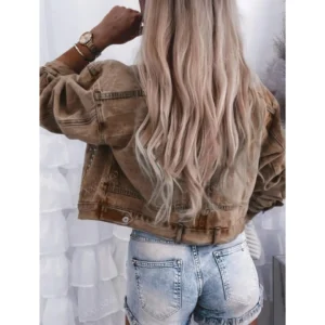 Women Vintage Khaki Studded Cropped Denim Jacket  Rivet Embellished Button Down Long Sleeve Distressed Jean Coat Oversized Casual Streetwear