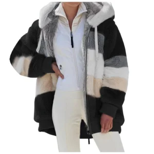 Warm plush quilted zipper pocket hooded loose-fitting women's coat