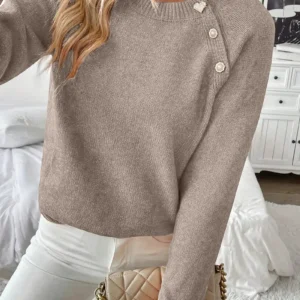 Womens Gold Button Crew Neck Knit Sweater, Soft Solid Long Sleeve Casual Pullover