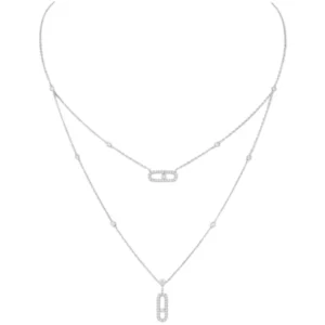 Silver Plated Two-Layer Paved Oval Slide Necklace, Dainty Layered Station Chain with Dual Paperclip Pendants