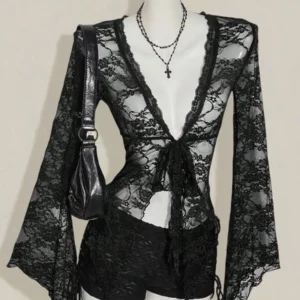 Women's Western Country Concert Boho Hippie Goth  Sexy Lace Twist Front Long Sleeve Cardigan