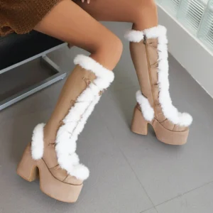 Fur Super Chunky High Heel Platform Mid-Calf Boots  Faux Suede Round Toe Side Zipper Lace-Up Warm Casual Boots