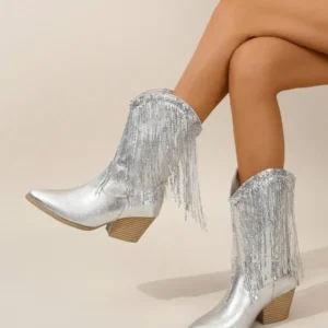 Womens Silver Metallic Fringe Western Cowboy Boots Pointed Toe Mid-Calf Block Heel