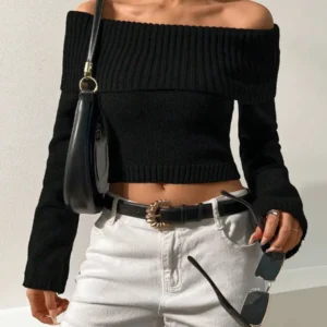 Womens Off-Shoulder Cropped Knit Sweater Solid Color Casual