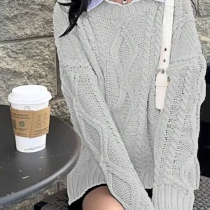 Light Gray Cable Knit Sweater Women Round Neck Long Sleeve Loose Casual Pullover