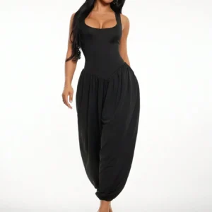 Women's Chic Black Jumpsuit,Deep V-Neck Backless Lantern Pants ,Sleeveless High Elastic Knit Balloon Leg