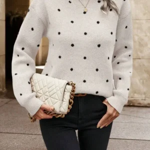 Women Loose Knit Round Neck Polka Dot Drop Shoulder Sweater