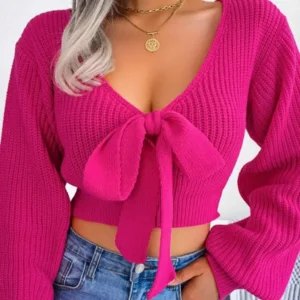V-Neck Crop Sweater With Bow Tie Detail Long Sleeve Casual Pullover For Women