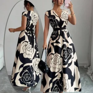 Womens Floral Print Wrap Dress With Belt, Elegant Summer Maxi Dress