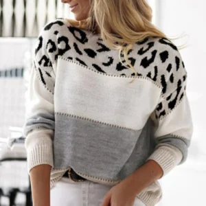 Women Sweaters Contrast Leopard Color Pullovers Loose Long Sleeve Sweater