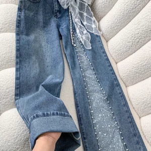 Baggy Jeans Spring Flare Trousers Lace Applique Crystal Wide Leg Pearl Slit Distressed Design