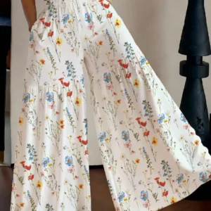 Women's Floral Wide-Leg Pants High-Waist Loose Lightweight