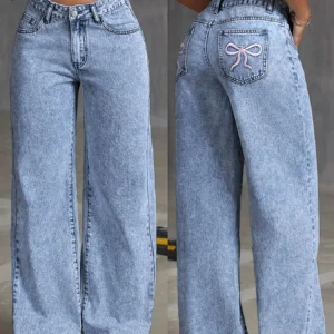 Women's Back Pocket Bow Embroidered Fashionable Wide Leg Pants Versatile Washed Denim Trousers