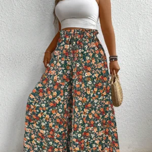 Plus size women's clothing loose comfortable casual style printed long pants elastic waist drawstring draped wide leg pants