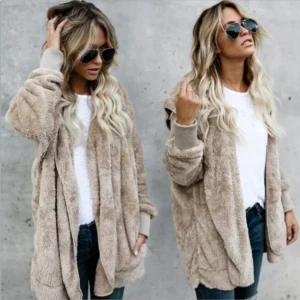 Double Fleece Cardigan Jacket Women Solid Color Long Sleeve Plush Warm Hooded Oversized Coat
