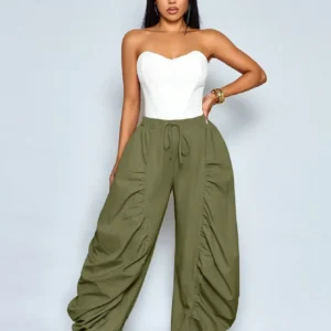 Women Solid Color Loose Pleated Wide Leg Pants Elastic Waist Casual
