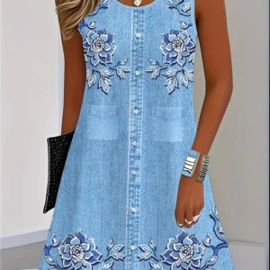 Sleeveless Denim Dress Fashion Imitate Cowboy Vest Floral Print