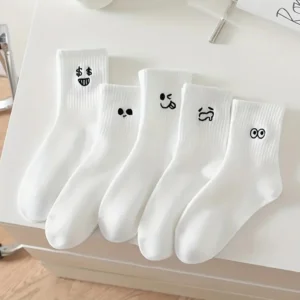 5 Pairs of White Emoji Socks, Super Soft, with Fun Patterns, Suitable for Daily Casual and Formal Wear with Cute Socks