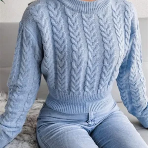 Womens Cable Knit Crew Neck Long Sleeve Cropped Pullover Sweater