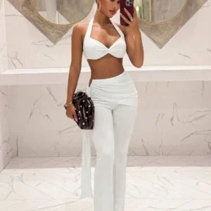 Womens White Halter Twist Top And Flared Trousers Two Piece Set