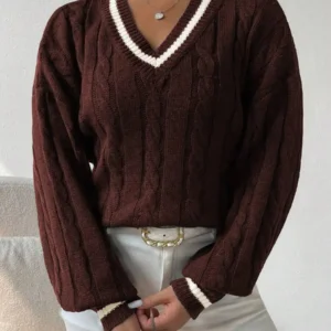 Brown Cable Knit V-Neck Long Sleeve Casual Sweater For Women