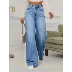 Sky Blue Jeans for Women, Water Washed, Loose, Casual, Wide Legs, Comfortable, Vintage Pants