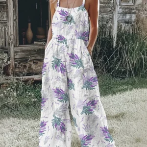 Bohemian Style Floral Jumpsuit Spaghetti Strap Smocked Bodice Wide-Leg Romper with Pockets