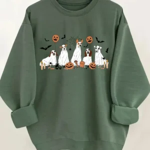 Women's Crewneck Halloween Pullover Sweatshirt Halloween Dog Print Design