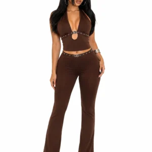 Women 2 Piece Outfits Halter Cutout Crop Top & Flare Pants Set, Metal Buckle Eyelet Detail