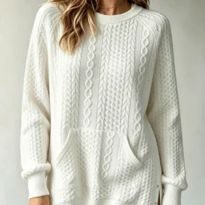 Women Cable Knit Sweater With Kangaroo Pocket Long Sleeve Crew Neck Loose Pullover Sweaters Casual Oversized