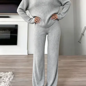 Women Ribbed Knit 2 Piece Outfit, Turtleneck Long Sleeve Sweater Top & High Waist Wide Leg Pants Set, Casual Loungewear Matching Sweatsuit For Daily Wear