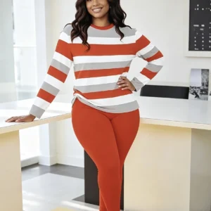 plus size striped long-sleeve top and solid color ribbed pants set