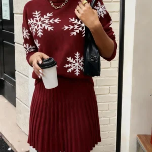 Women Elegant Knitted Two Piece Set High Neck Loose Sweater Pleated Mini Skirt Outfit Warm Autumn Winter Daily Party - Thumbnail Image 9