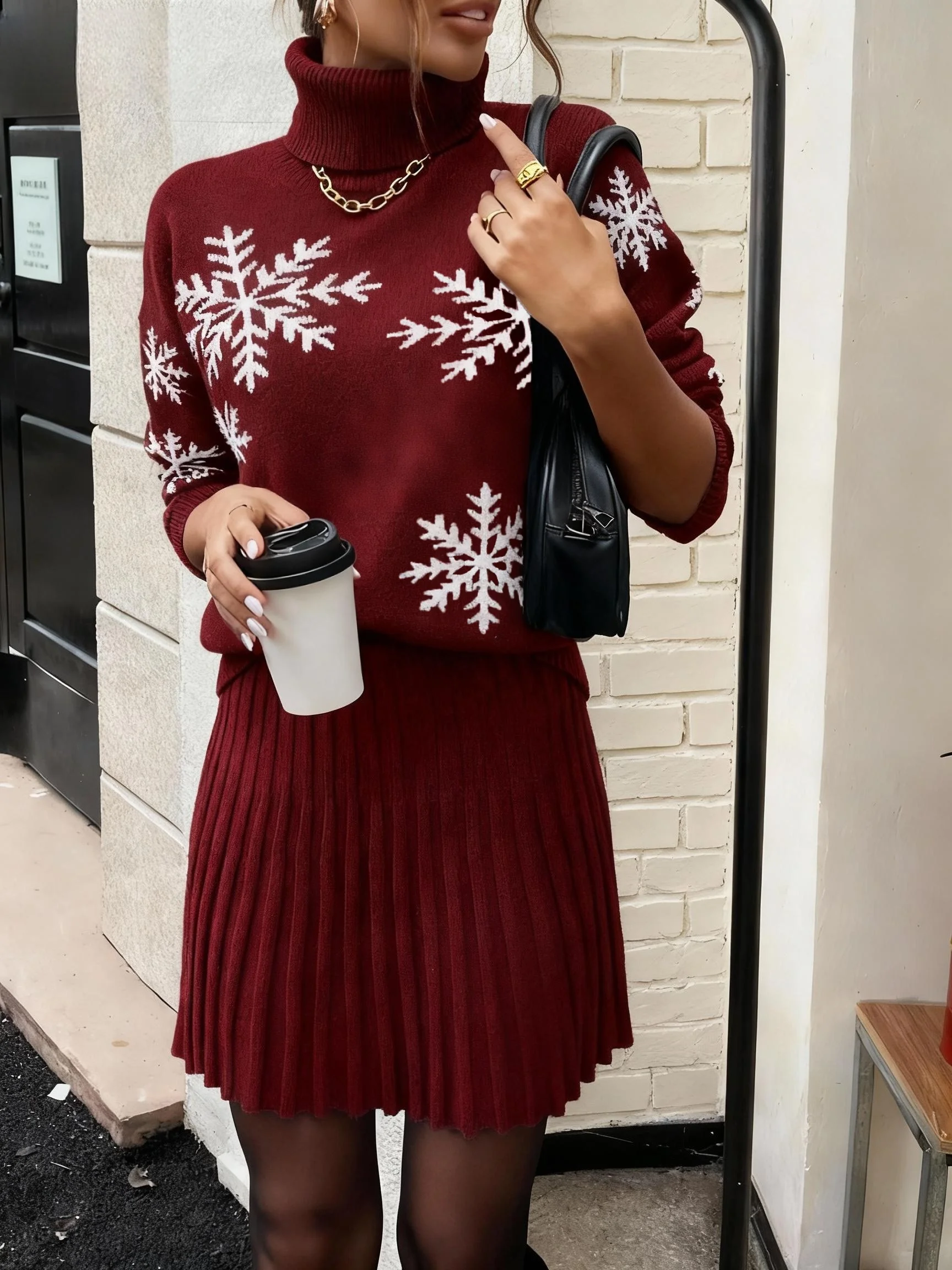 Women Elegant Knitted Two Piece Set High Neck Loose Sweater Pleated Mini Skirt Outfit Warm Autumn Winter Daily Party - Image 9
