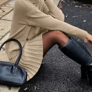 Women Elegant Knitted Two Piece Set High Neck Loose Sweater Pleated Mini Skirt Outfit Warm Autumn Winter Daily Party - Thumbnail Image 13