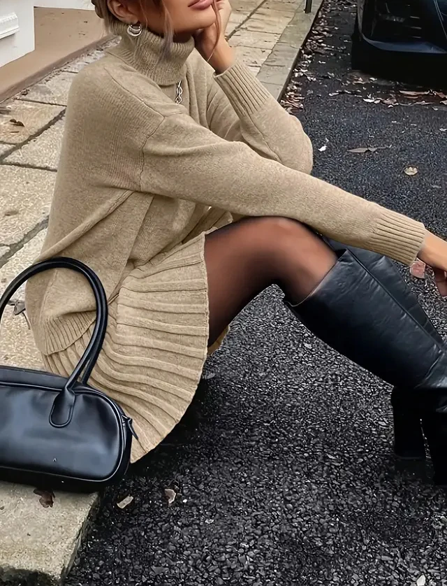 Women Elegant Knitted Two Piece Set High Neck Loose Sweater Pleated Mini Skirt Outfit Warm Autumn Winter Daily Party - Image 13