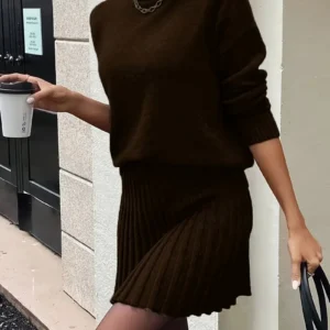 Women Elegant Knitted Two Piece Set High Neck Loose Sweater Pleated Mini Skirt Outfit Warm Autumn Winter Daily Party - Thumbnail Image 4
