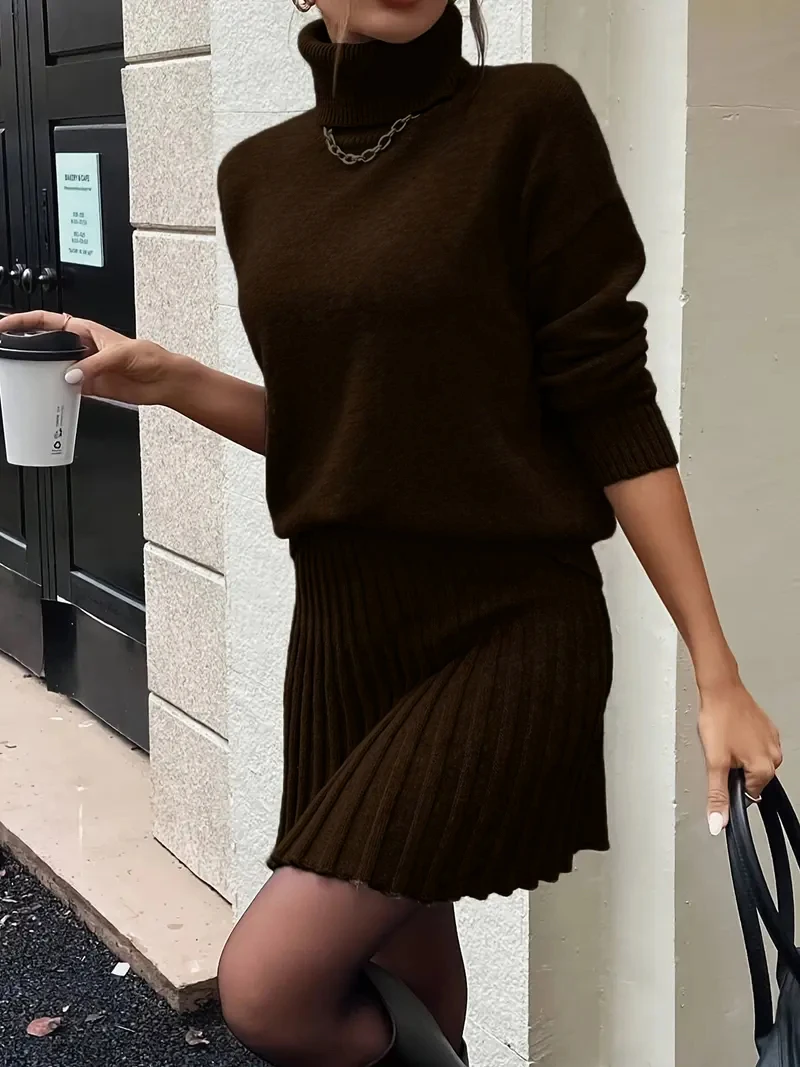 Women Elegant Knitted Two Piece Set High Neck Loose Sweater Pleated Mini Skirt Outfit Warm Autumn Winter Daily Party - Image 4