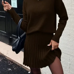 Women Elegant Knitted Two Piece Set High Neck Loose Sweater Pleated Mini Skirt Outfit Warm Autumn Winter Daily Party - Thumbnail Image 3