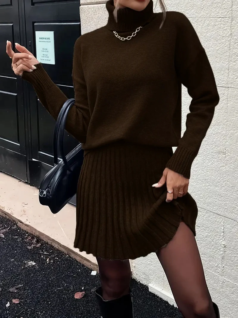 Women Elegant Knitted Two Piece Set High Neck Loose Sweater Pleated Mini Skirt Outfit Warm Autumn Winter Daily Party - Image 3