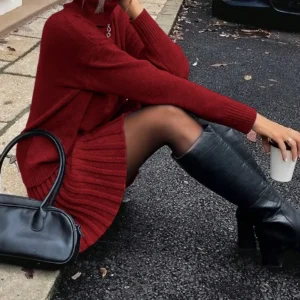 Women Elegant Knitted Two Piece Set High Neck Loose Sweater Pleated Mini Skirt Outfit Warm Autumn Winter Daily Party - Thumbnail Image 14