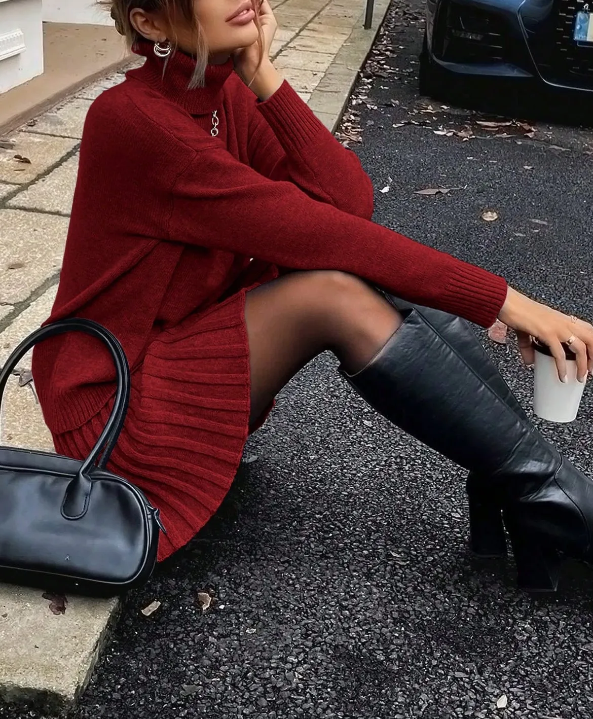 Women Elegant Knitted Two Piece Set High Neck Loose Sweater Pleated Mini Skirt Outfit Warm Autumn Winter Daily Party - Image 14