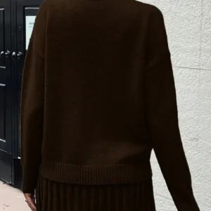 Women Elegant Knitted Two Piece Set High Neck Loose Sweater Pleated Mini Skirt Outfit Warm Autumn Winter Daily Party - Thumbnail Image 2