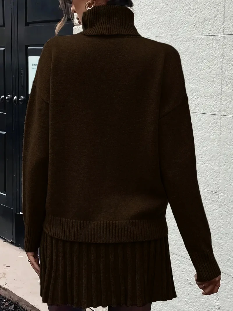 Women Elegant Knitted Two Piece Set High Neck Loose Sweater Pleated Mini Skirt Outfit Warm Autumn Winter Daily Party - Image 2