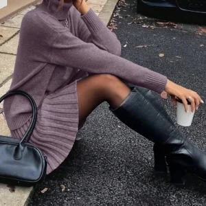 Women Elegant Knitted Two Piece Set High Neck Loose Sweater Pleated Mini Skirt Outfit Warm Autumn Winter Daily Party - Thumbnail Image 10