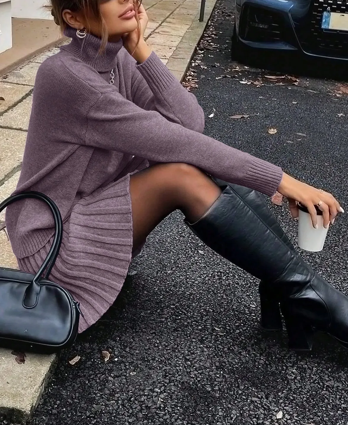 Women Elegant Knitted Two Piece Set High Neck Loose Sweater Pleated Mini Skirt Outfit Warm Autumn Winter Daily Party - Image 10